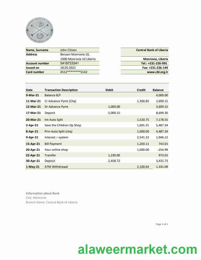 Liberia Central Bank of Liberia bank statement easy to fill template in .xls and .pdf file format
